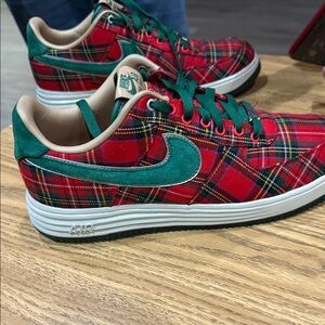 Nike Red Plaid Sneakers with Green Details